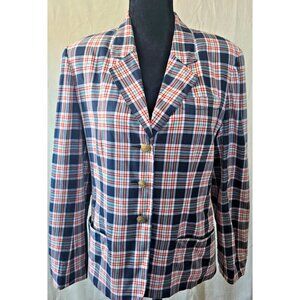 VTG 80s Liz Sport Plaid Blazer Jacket Women 6 Red Yellow Blue Gold Buttons